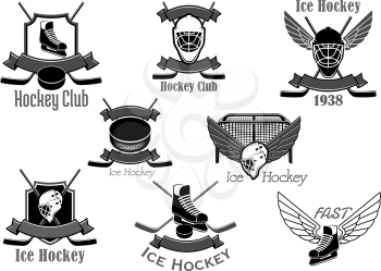 Ice hockey club vector icons set. Isolated symbols of hockey-stick and puck, goalkeeper mask and goal gates and ice skate with wings and ribbons. Badges for tournament championship labels design