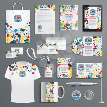 Soccer or football sport college team or club advertising promo items template for branding. Vector branded apparel and office stationery t-shirt apparel, business card, flag, mug cup and paper bag