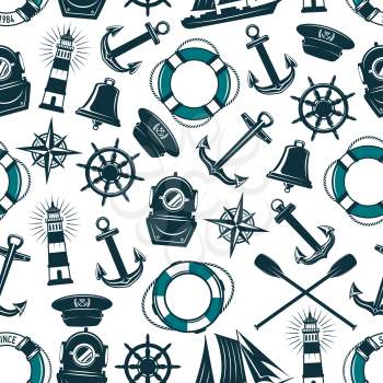 Nautical seafarer seamless pattern. Vector design of ship anchor, helm or life buoy and marine navy crossed paddles, trident or aqualung mask and boat bell, lighthouse and wind rose compass