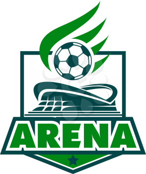Football college league or football league team badge design template of ball with wings over arena stadium. Vector isolated icon of green arena for soccer cup championship or football fan club