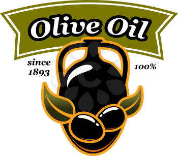 Olive oil and olives icon design template for extra virgin organic cooking oil product or bottle package label. Vector isolated symbol of black olive and green leaf for natural cooking oil