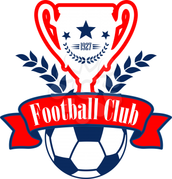 Football club or soccer college league team icon or badge template design. Vector heraldic soccer cup and ball with victory laurel wreath, stars and red ribbon for football game championship
