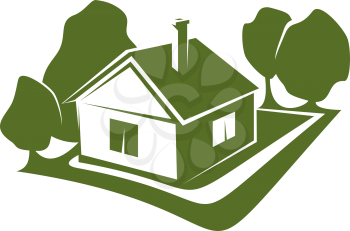 Sign of house and trees in green colors. Concept of ecology and eco friendly buildings. House and garden symbol. Icon of organic building. Eco house concept. Badge for engineering and construction company.