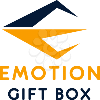Abstract logo emotion gift box. Vector logo for event company. Design sign in yellow and dark blue colors isolated on white background. Concept of gifts shop or box with present for holiday