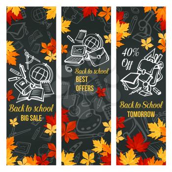 Back to School big sale web banner design template of school bag or lesson stationery on chalk blackboard. Vector book and calculator, globe or pen and pencil in autumn maple or oak leaf on chalkboard