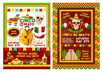 Cinco de Mayo fiesta party banner for mexican holiday invitation template. Skull in sombrero hat with maracas and chili pepper, flag of Mexico, tequila margarita and festive food, cactus and pinata