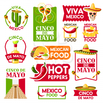 Cinco de Mayo icons for Mexican national holiday celebration. Vector isolated set of Mexico Aztec pyramid, Mexican sombrero, jalapeno chili pepper and cactus tequila with skull and traditional food