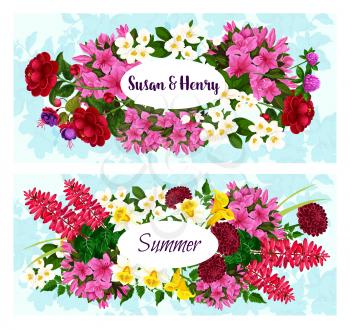 Vector flowers design. Colorful floral banner with leaves and flowers. Spring or summer design for greeting cards or wedding invitation. Banner for discount card for summer season. Greeting card with pattern of spring plants, leaves and flowers
