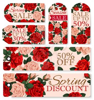 Spring sale discount shopping tags set for springtime holiday store promotion. Vector icons set of roses flowers bunch and blooming red and pink flowers blossoms for seasonal sale