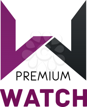 Premium watch logo in magenta and black colors. Symbol of premium quality attribute. Abstract sign for corporate brand. Concept of luxury and VIP. Brand logo for expensive accessories company