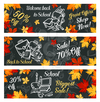 Welcome Back to School sale banners of school bag and lesson stationery for September promo offer on blackboard background. Vector school book or notebook and pencil or autumn maple leaf on chalkboard