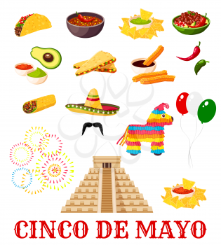 Mexican fiesta party food icon set for Cinco de Mayo holiday. Chili pepper, sombrero and avocado guacamole, jalapeno salsa sauce, taco and nacho, burrito, pinata, bean and churros with aztec pyramid