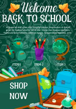 Welcome Back to School sale web banner template or promo offer poster of school bag, globe or microscope and chemistry book on green chalkboard. Vector maple leaf design for autumn school shopping