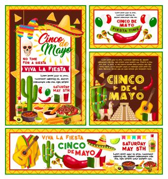Cinco de Mayo Mexican national holiday celebration fiesta party posters. Vector banner of Mexican cactus tequila and guitar or sombrero, Mexico flags and traditional churro food with horse toy