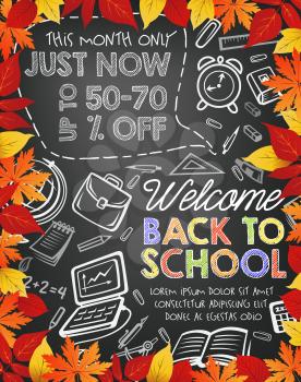 Back to School sale poster of education stationery on black chalkboard background. Vector template of school bag, geography globe or microscope and book or chalk on autumn maple and oak leaf