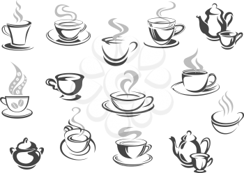 Coffee and tea cups icons for cafe or cafeteria menu. Vector set of hot strong espresso, green or black tea mug and pot or kettle. Latte macchiato or chocolate frappe for coffeehouse or teahouse sign