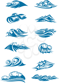 Water waves and marine wave splashes icons set. Vector isolated ocean or sea wave tide with foam or froth drops, wind surf gale swirls and marine streams or blue water storm ripple flows