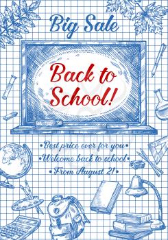 Back to School sale ink pen sketch poster of lesson stationery on checkered page background. Vector school seasonal discount offer for geography globe, autumn maple and rowan leaf, book or copybook