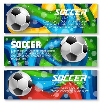 Soccer banners background templates design for football sport team or college league championship. Vector soccer ball on arena stadium, football golden cup award and team flag colors