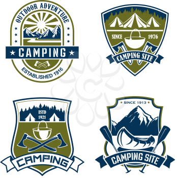 Camping or mountain outdoor adventure icons for mountaineering or hiking sport and extreme nature explorer team club. Vector isolated badges of Alpine rock or mount, camp tent at campfire bowler