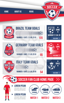 Soccer club or football team landing page web site design template. Vector buttons for soccer cup championship or international football cup tournament, soccer league team flags and goal scores