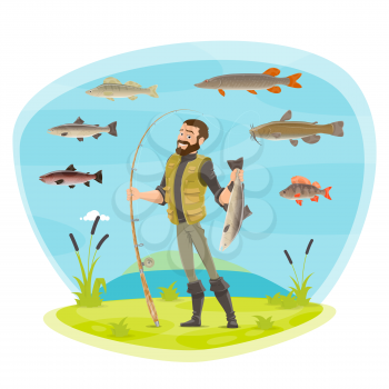 Fisherman or fisher man fishing with fish catch species. Vector man in rubber boots with fish catch on rod hook of pike, crucian or trout, river carp or salmon and flounder