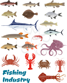 Fishing industry seafood and fresh fish catch icons. Vector set of sea food squid, turtle or tuna and shrimp, octopus or lobster crab and trout, ocean marlin or sardine and herring or oyster