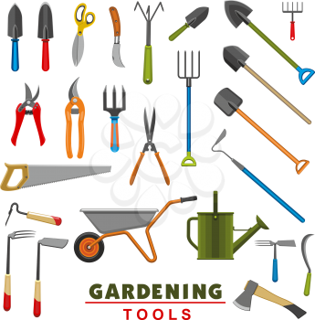 Gardening tools icons of farming or farmer garden household. Vector isolated set of rake or pitchfork and spade, planting hoe or wheelbarrow and saw or gardening scissors, watering can and ax