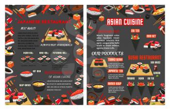 Sushi bar or Japanese Asian cuisine food bar menu template. Vector design of sashimi and sushi rolls and salmon fish, bento tempura shrimp with steamed rice and soy sauce or noodles soup and chopstick