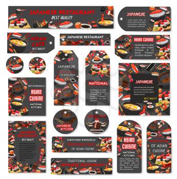 Sushi bar or Japanese Asian cuisine food bar banners, posters and tags. Vector set of sashimi and sushi rolls of salmon fish, bento tempura shrimp in rice and soy sauce or noodles soup and chopsticks