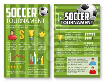Soccer tournament poster or football team club infographics design template. Vector statistics for soccer cup championship or international football cup goal scores and league team players
