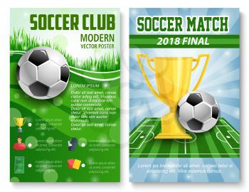 Soccer match championship posters design template for international football cup tournament. Vector soccer league team flags and golden cup award, victory laurel or stars on arena stadium