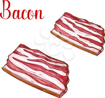 Bacon lumpos or slices meat sketch icon. Vector pork sirloin or brisket filet for barbecue or butchery shop and cooking design of butcher shop or meaty gourmet gastronomy store