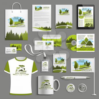 Landscape design or horticulture landscaping advertising promo items template for branding. Vector branded apparel and office stationery t-shirt apparel, business card, flag, mug cup and paper bag