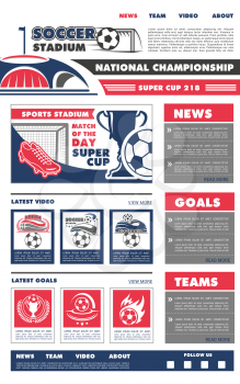 Soccer sport landing page web site design template of home, about and team information buttons. Vector soccer cup sport game championship or football match tournament team flags and goal scores