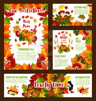 Autumn Sale promo web banners and shopping discount bestsellers posters for 30 percent price off offer. Vector pumpkin or mushroom harvest, autumn maple leaf or oak acorn and rowan berry or pine cone