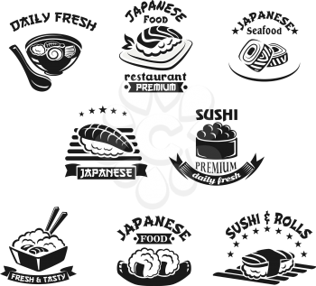 Sushi bar or Japanese seafood restaurant templates. Sushi rolls and sashimi salmon, miso or noodle soup and shrimp tempura grill. Oriental fish and sea food cuisine vector isolated icons and symbols