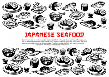 Japanese food poster of sushi and rolls for cafe or restaurant. Vector icons of california roll, philadelphia sushi with salmon caviar, miso soup or ramen noodles with tuna for japanese seafood menu