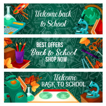 Back to School sale promo offer web banner template of education stationery and lesson supplies on green chalkboard background. Vector school bag, book, microscope or globe map and ruler pattern