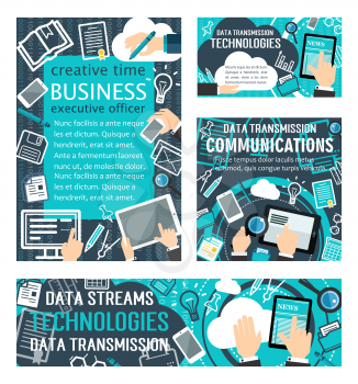 Internet data streams and digital transmission technologies vector posters and banners for online communication. Vector flat design of smartphone, computers and electronic web cloud devices