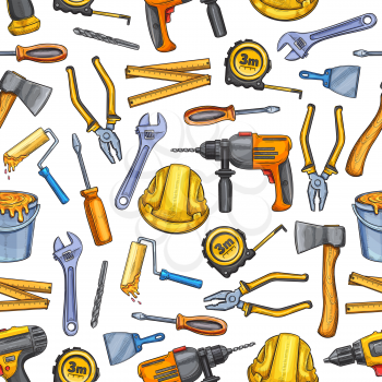 Repair work tools sketch seamless pattern background. Vector backdrop of work and construction tools icons carpentry hammer or saw, woodwork drill or screwdriver, renovation trowel and paint brush