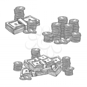 Dollar banknotes and cent coins money in bundles and piles sketch icons. Vector isolated set of 100 dollars bank notes and coins cash packs for banking or finance and currency exchange design