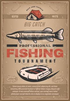 Professional fishing tournament sketch poster. Vector design of big fish catch fisher sport event and fishing for salmon, trout and carp or crabs and boat or fisherman tent and boat