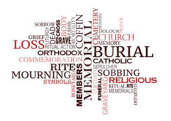 Funeral word cloud of burial ceremony concept. Mourning symbols of culture and religion for respect and remember of corpse death tag cloud design