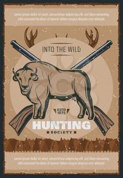 Hunting season for bull hunt retro poster. Vector vintage design of hunter rifle guns for hunting society open season for wild bulls or wild animals in nature park or hunter club