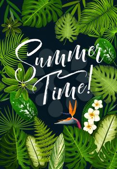 Summer time holiday banner with tropical palm leaf and exotic flower frame. Summer vacation beach party invitation, decorated with floral border of jungle tree foliage, plumeria and strelitzia flower