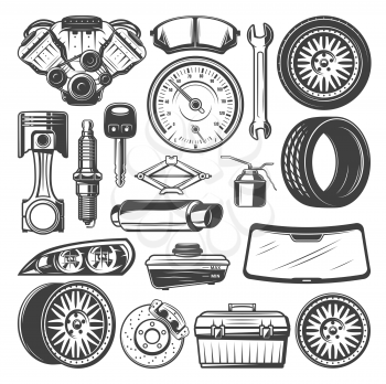 Auto spare parts and instruments sketch for car mechanics. Vector set of motor engine, motor oil or wrench and windshield, light alloy wheels and tires, exhaust pipe and rear view mirror or brakes