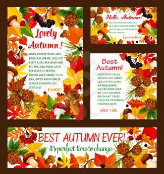 Hello Autumn banner template set with fall nature frame. Autumn leaves, orange and yellow maple foliage, mushroom, acorn, forest rowan berry and pine cone card with text layout for greeting wishes