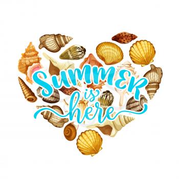 Summer is here poster with heart made up of seashell. Marine mollusc shell of scallop, snail and clam banner for summer sea beach vacation, tropical ocean travel and exotic resort holiday design