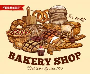 Bakery shop sketch poster of bread for baked pastry and patisserie premium products. Vector design template of flour bag, wheat loaf and rye bagel or croissant baguette for breakfast or baker recipe